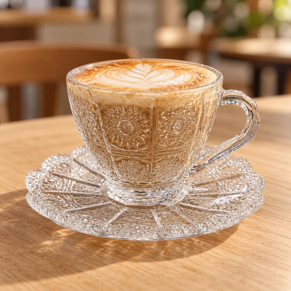 Set de 6 Tazas Vintage de Vidrio Labrado con Platos 200 ML