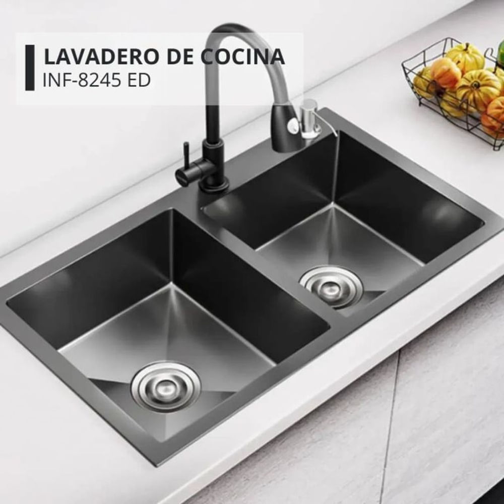 Lavadero Doble Poza Compacto Negro con Canastilla y Desagüe