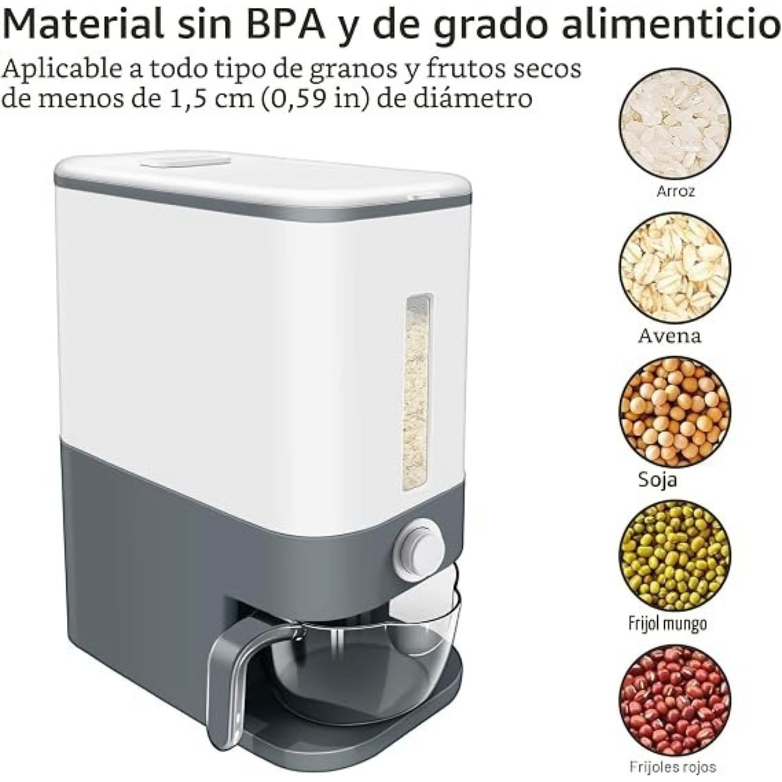 Dispensador de Arroz y Menestras 10 kg con Taza Medidora  Multiuso