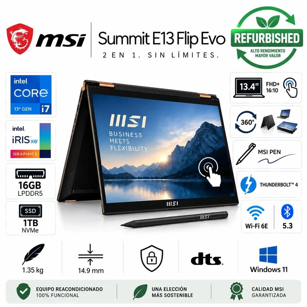 Laptop MSI SUMMIT E13 FLIP EVO A13MT Core i7-1360P 16GB RAM 1TB 13.4 FHD Touch  w11 REFURBISHED