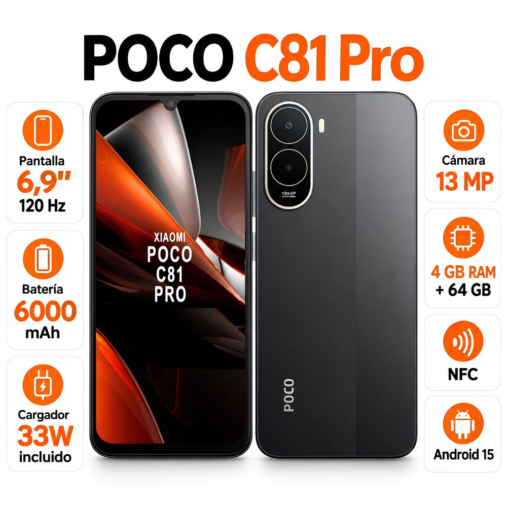 Celular Xiaomi Poco C81 Pro-6.9 4GB-l-64GB 13MP - Negro