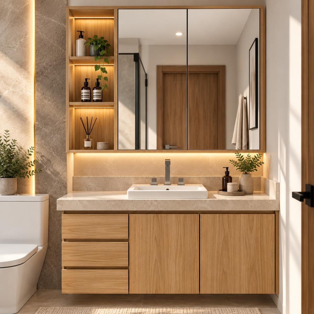Mueble de Baño Flotante Victoria con Espejo Madera Natural TU MESITA Canto Grueso