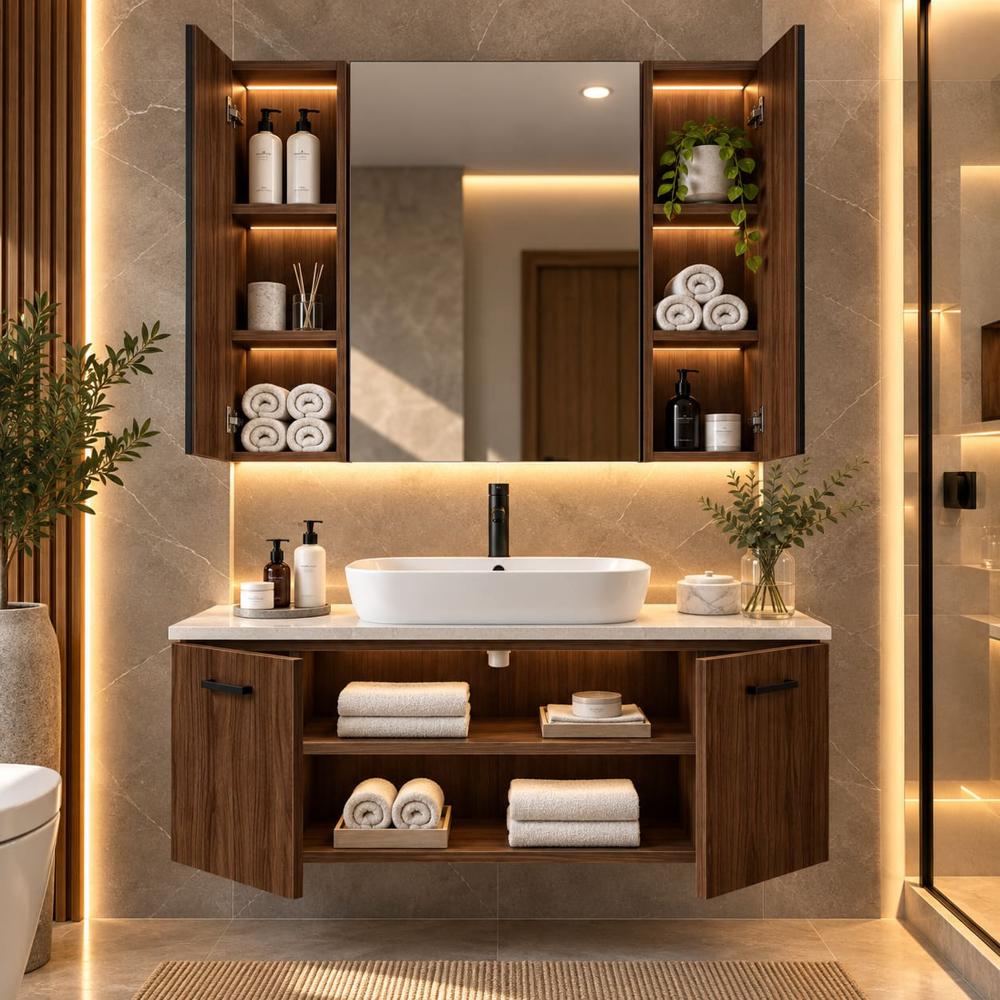 Mueble de Baño Flotante Marina con Espejo Nogal Oscuro TU MESITA Canto Grueso