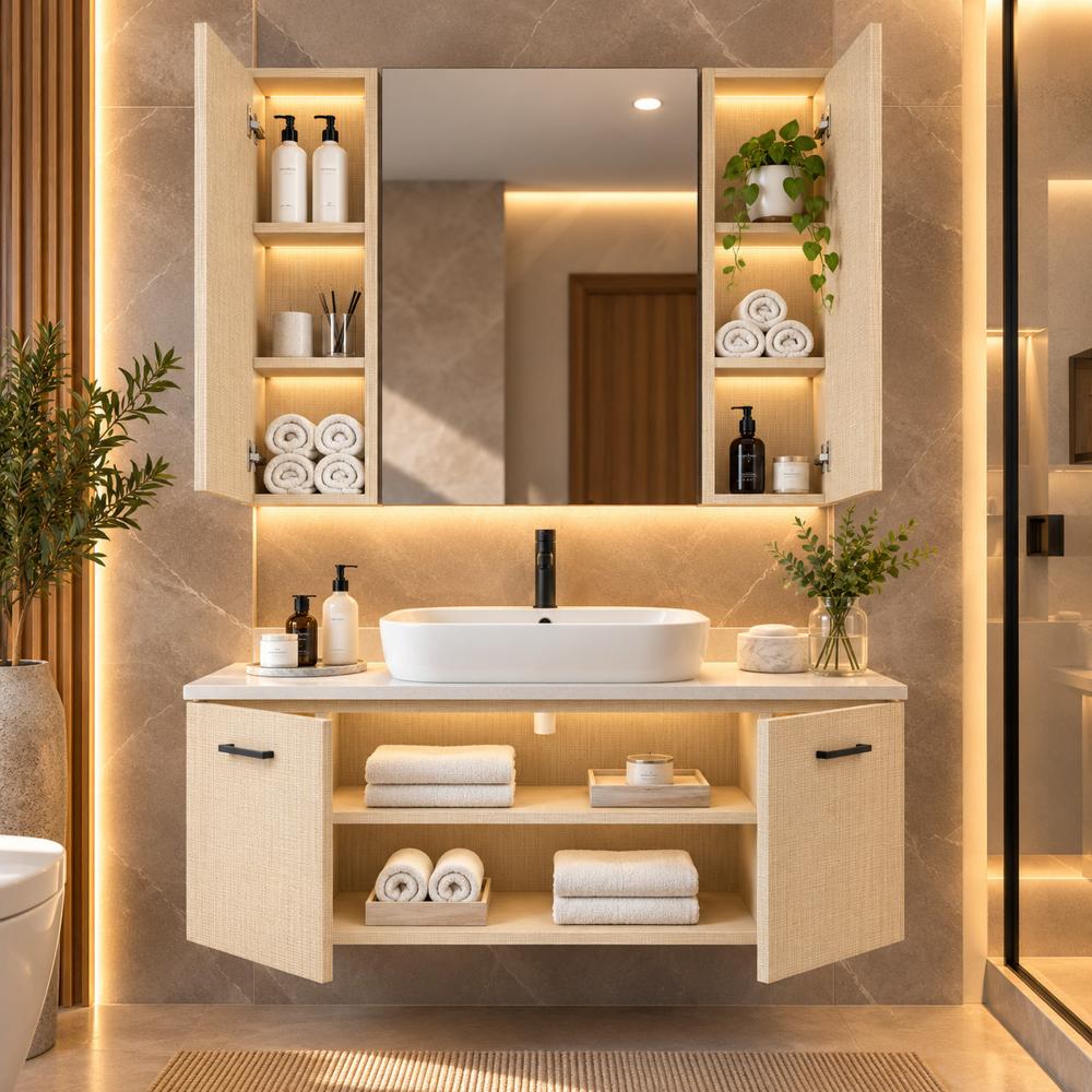 Mueble de Baño Flotante Catalina con Espejo Beige TU MESITA Canto Grueso
