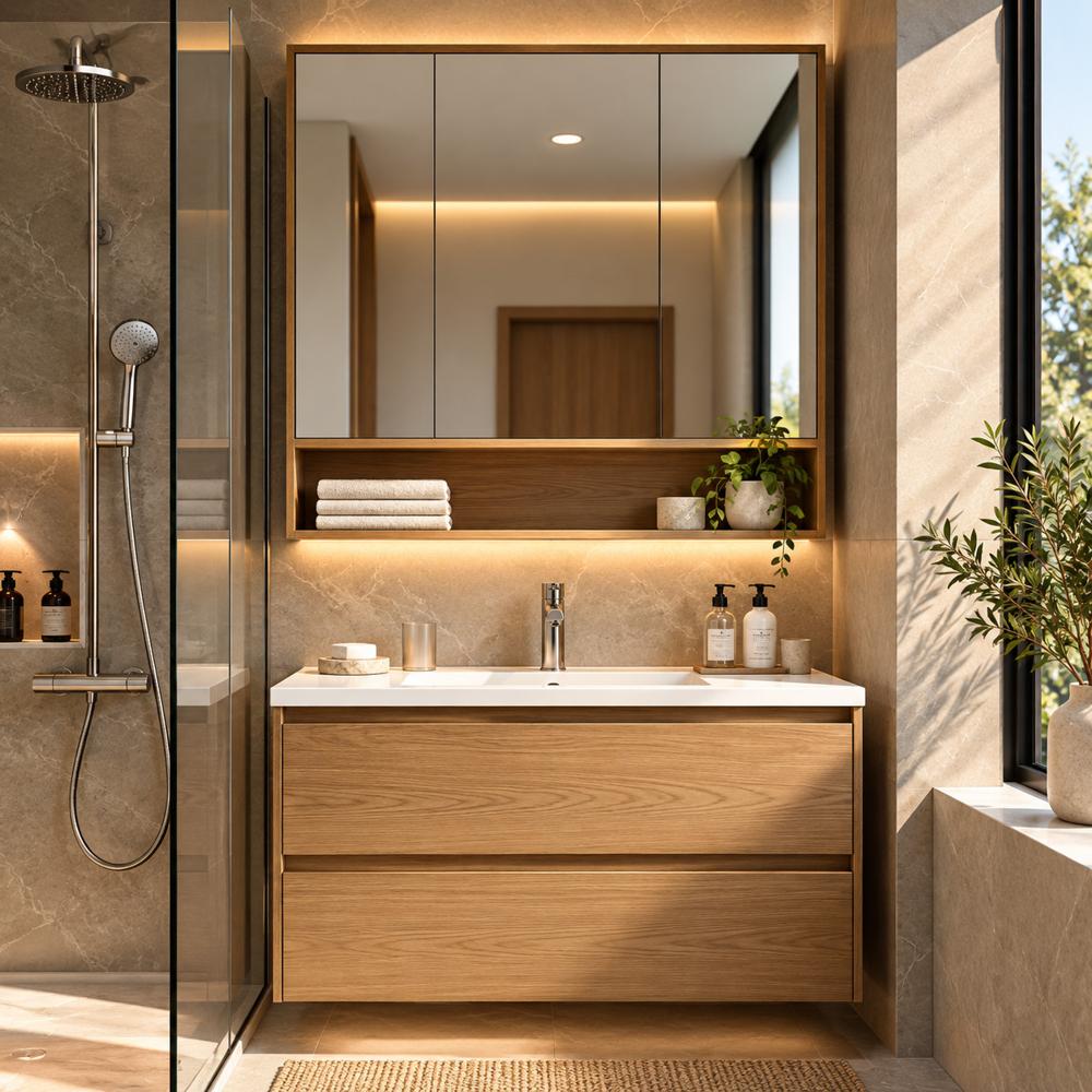 Mueble de Baño Flotante Sara con Espejo Negro TU MESITA Canto Grueso