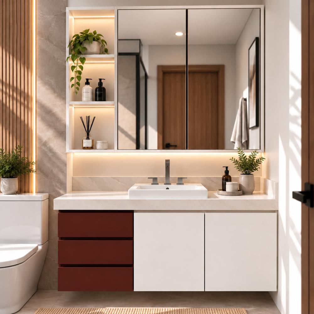 Mueble de Baño Flotante Paula con Espejo Terracota TU MESITA Canto Grueso