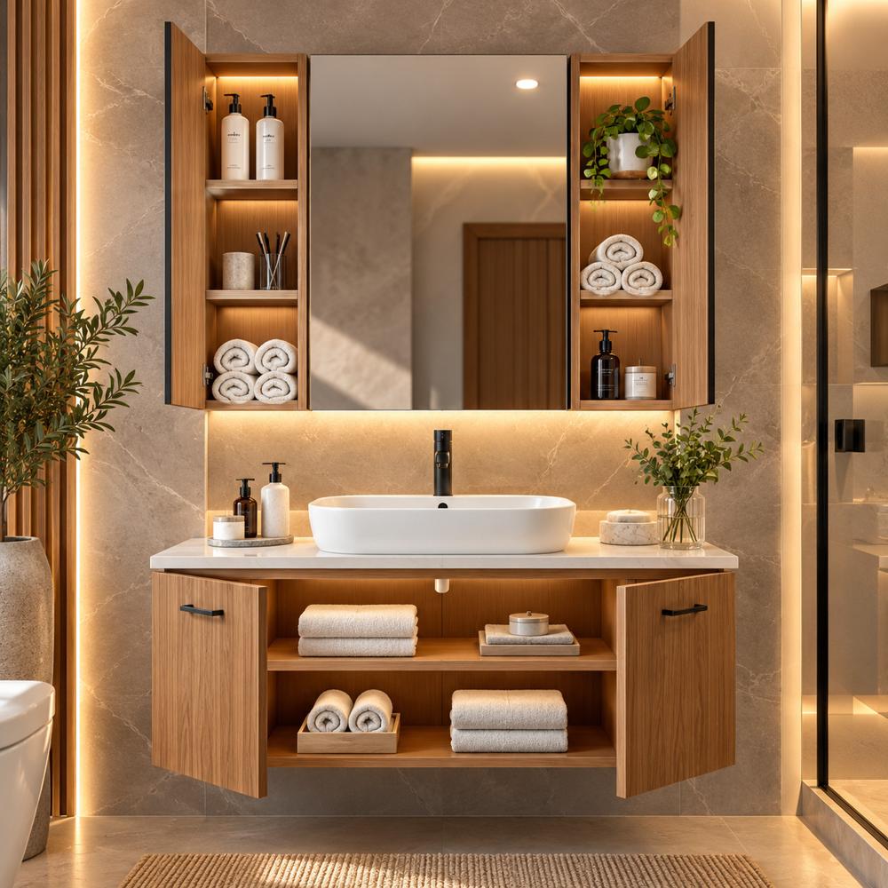 Mueble de Baño Flotante Adriana con Espejo Nogal TU MESITA Canto Grueso