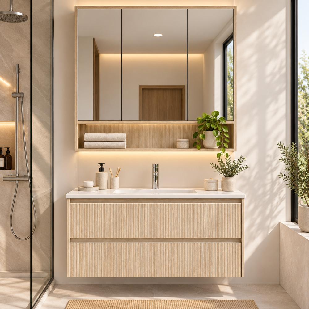 Mueble de Baño Flotante Inés con Espejo Nogal Oscuro TU MESITA Canto Grueso