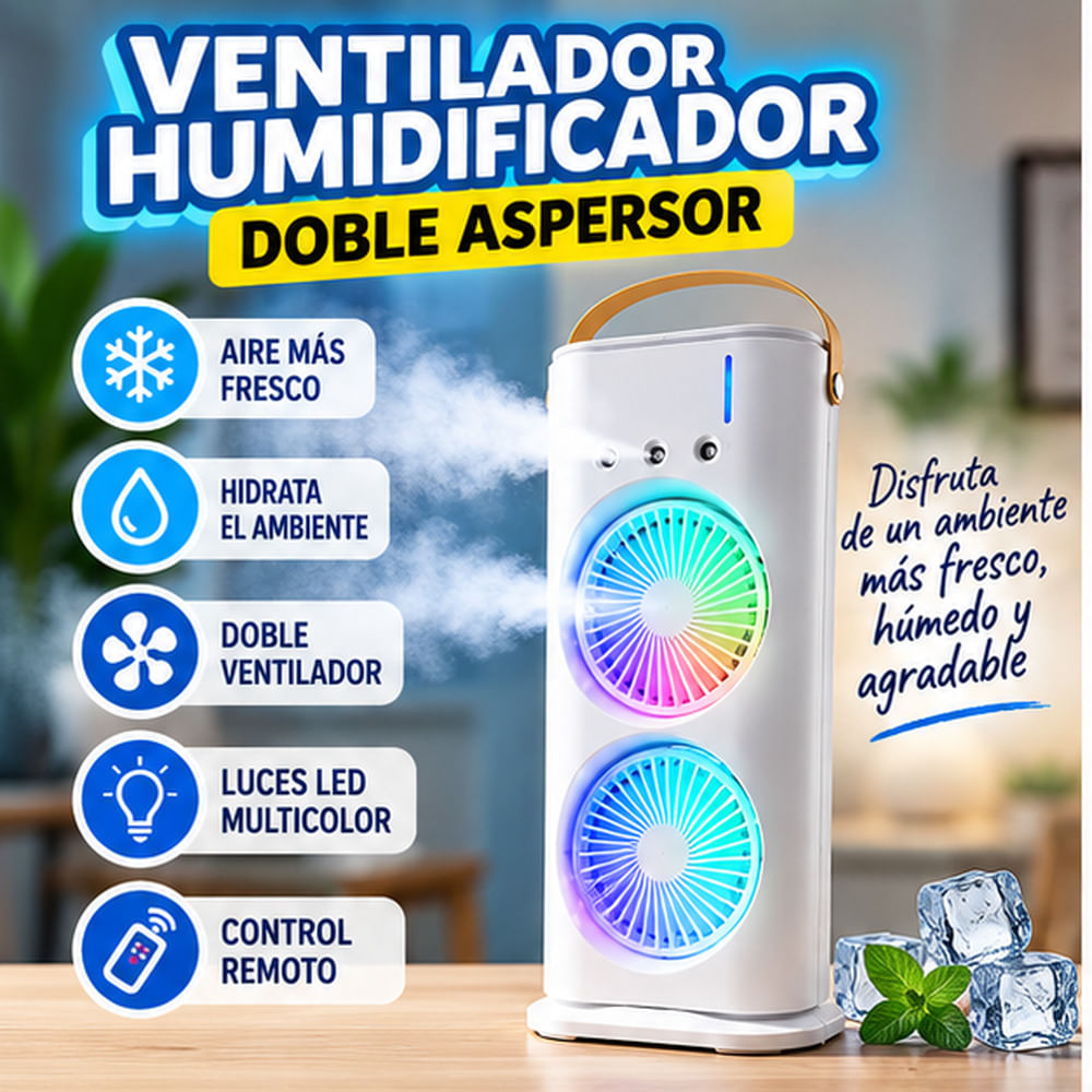 VENTILADOR HUMIDIFICADOR PORTÁTIL 3 EN 1 DOBLE ASPERSOR LUCES LED RGB CONTROL REMOTO USB