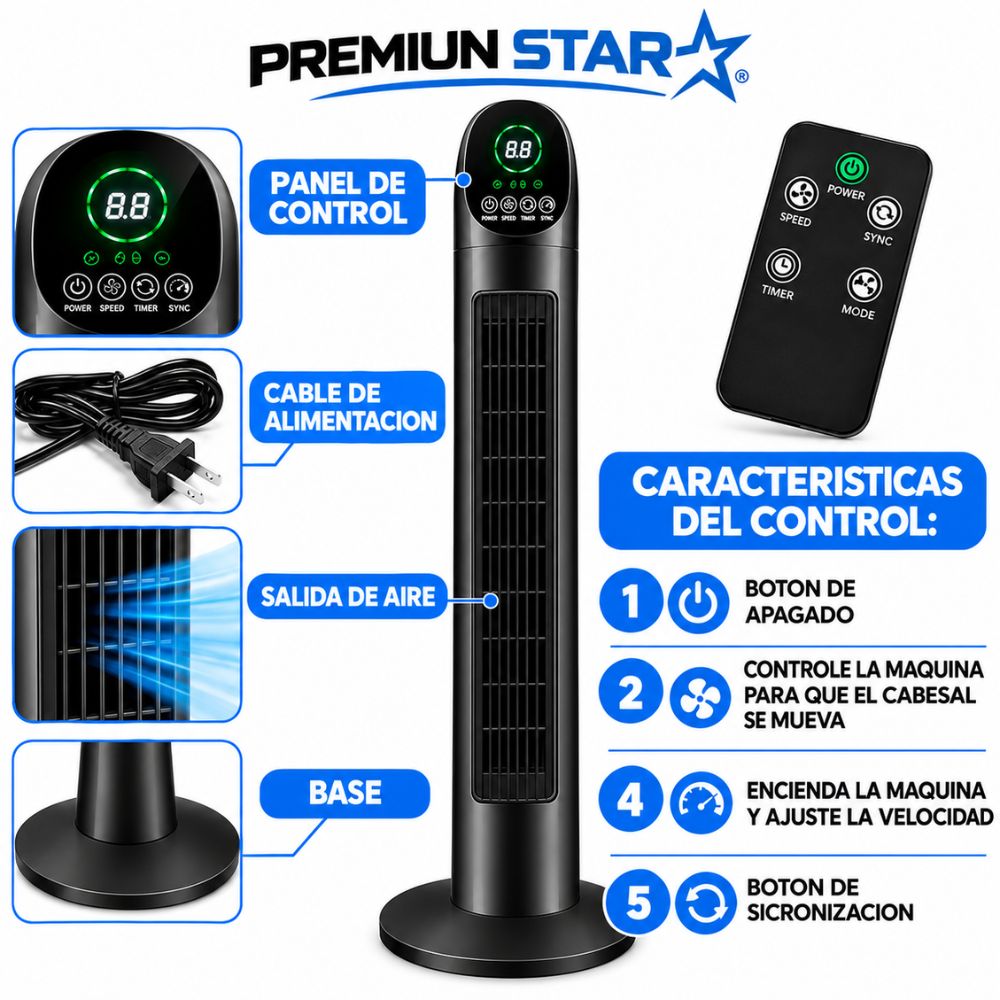 Ventilador Torre PREMIUN STAR Mediana 3 Velocidades 200W Silencioso Con Control -Black
