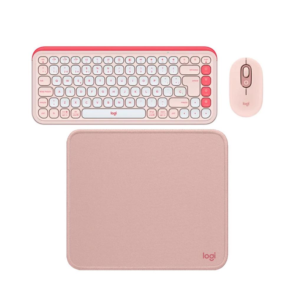 Combo Teclado  Mouse Logitech POP ICON  Mouse Pad DeskPad 200X230 Rosado