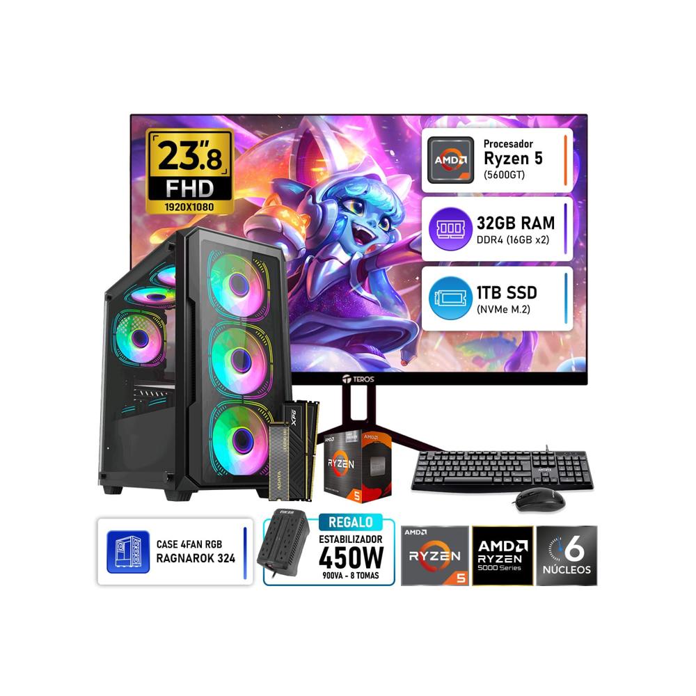 Computadora PC Gamer AMD Ryzen 5 5600GT 32GB RAM 1TB SSD Monitor Teros 23.8 120Hz