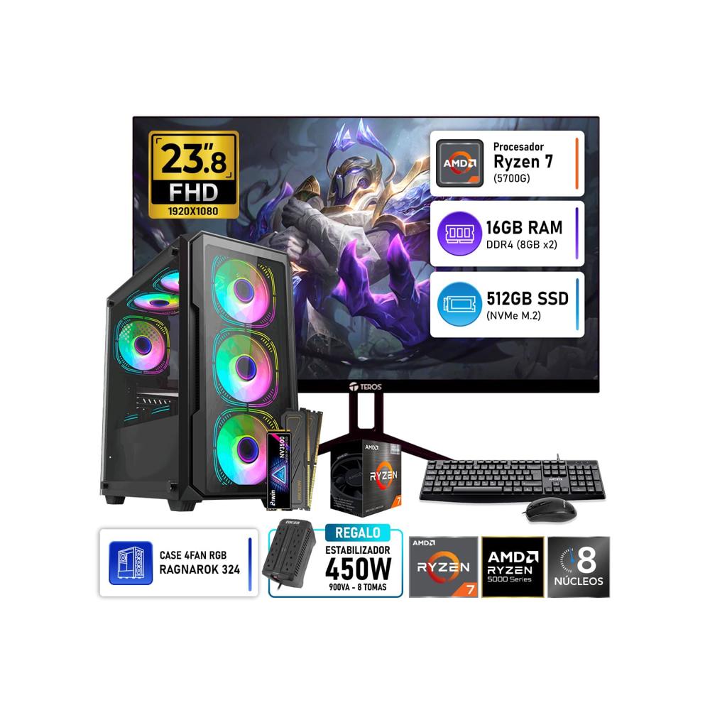 Computadora PC Gamer AMD Ryzen 7 5700G 16GB RAM 512GB SSD Monitor Teros 23.8 120Hz