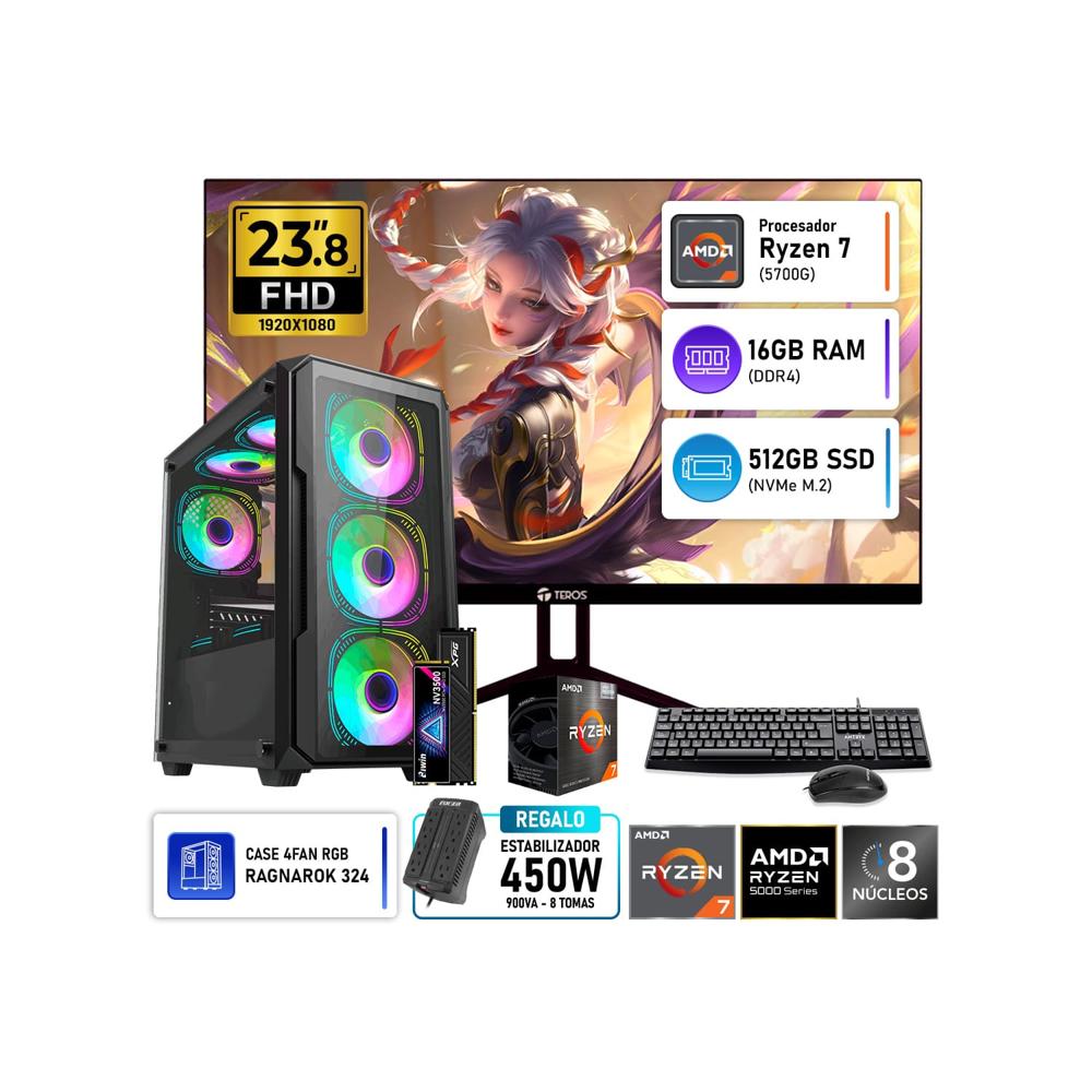 PC Gamer Ryzen 7 5700G XPG 16GB SSD 512GB con Monitor Teros IPS 120Hz 23.8 Pulgadas