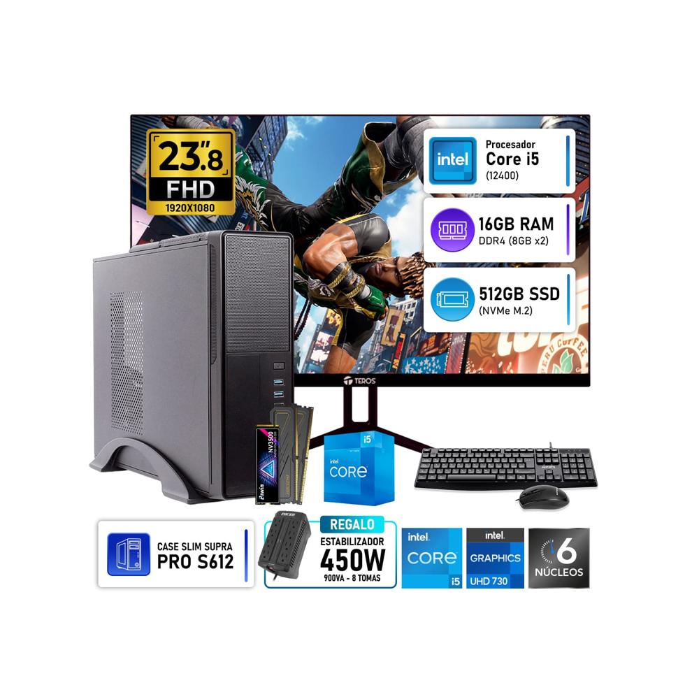 Computadora PC Oficina Intel Core i5 12400 RAM 16GB SSD 512GB Monitor Teros 23.8 Pulgadas 120Hz