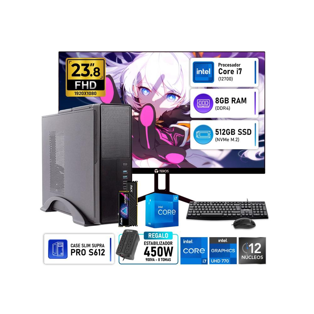 Computadora PC Oficina Intel Core i7 12700 RAM 8GB SSD 512GB Monitor Teros 23.8 Pulgadas 120Hz