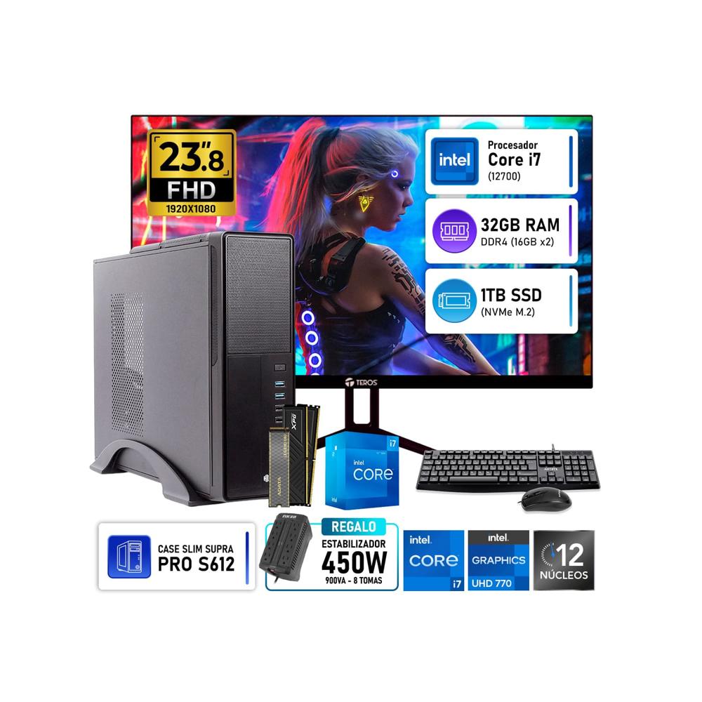 Computadora PC Oficina Intel Core i7 12700 RAM 32GB SSD 1TB Monitor Teros 23.8 Pulgadas 120Hz