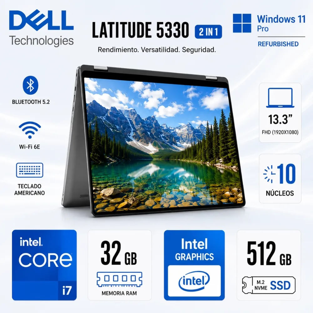 Laptop Dell Latitude 5330 2 en 1 i7-1265U 32GB 512GB SSD 13.3 táctil W11 Pro Reacondicionado-B