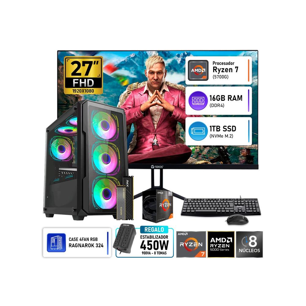Computadora PC Gamer AMD Ryzen 7 5700G 16GB RAM SSD 1TB Monitor Teros 27 Pulgadas 144Hz