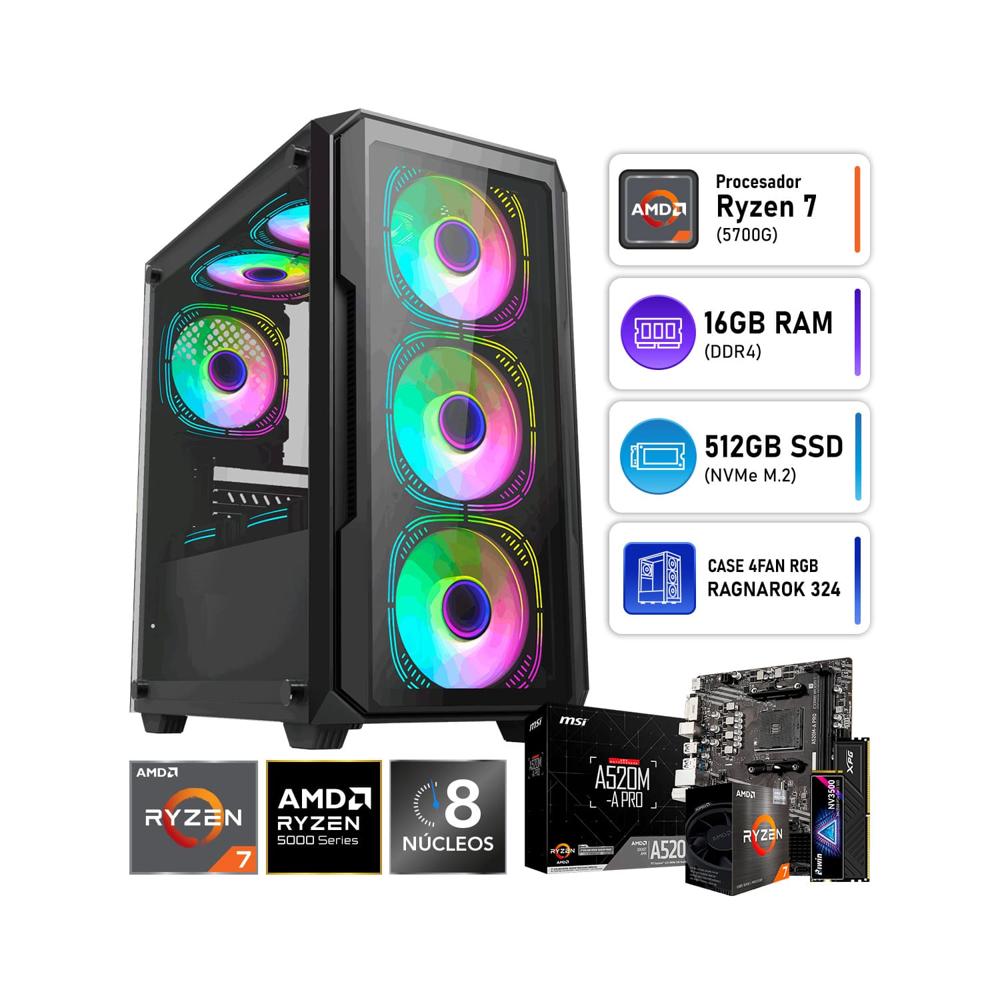 Computadora PC Gamer AMD Ryzen 7 5700G RAM 16GB SSD 512GB XPG Biwin RGB