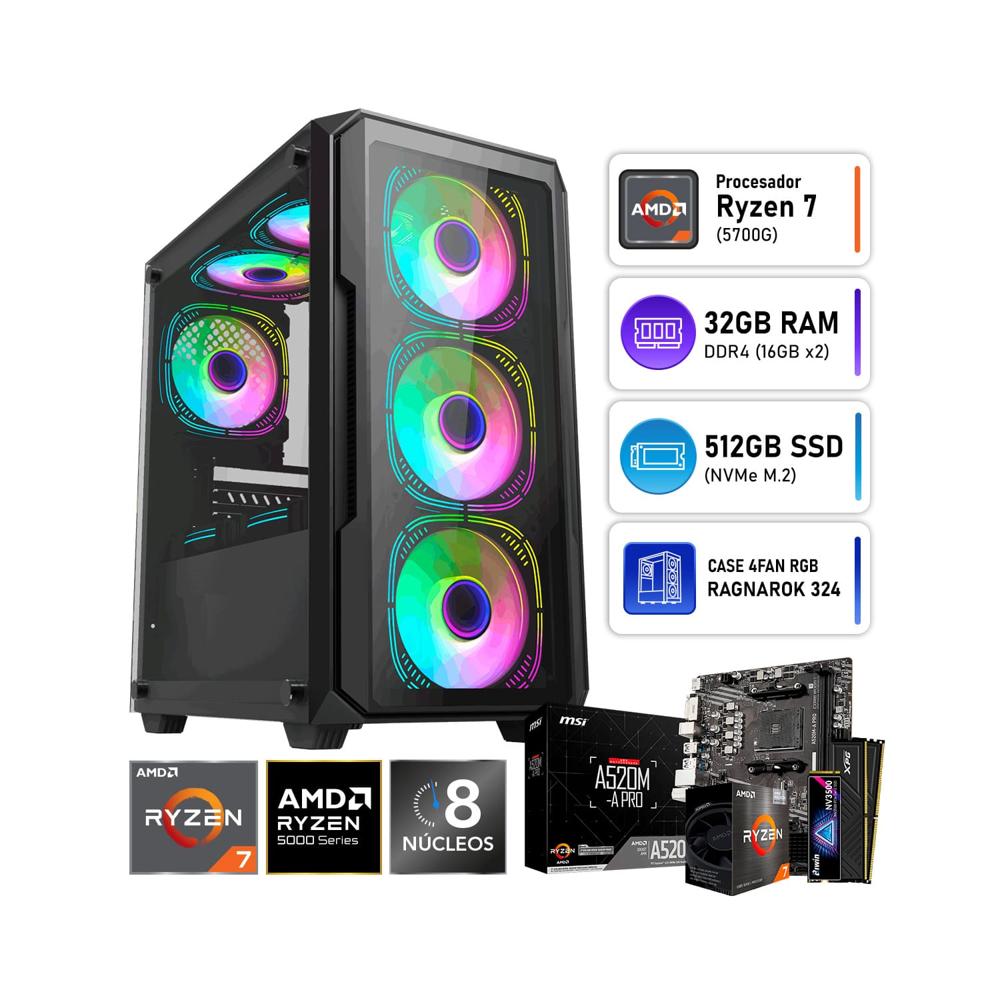 Computadora PC Gamer AMD Ryzen 7 5700G RAM 32GB SSD 512GB XPG Biwin RGB