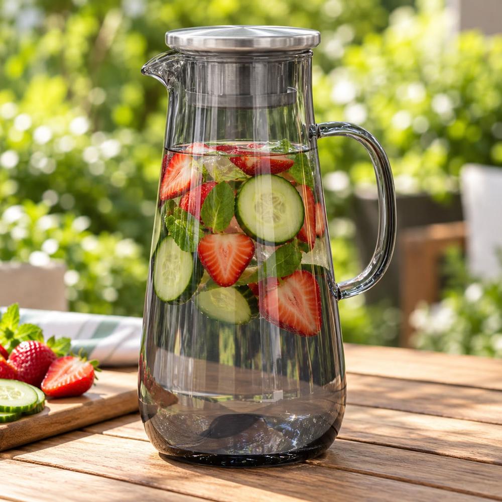 Jarra de Vidrio Borosilicato Gris 1600 ml con Tapa y Filtro de Acero Inoxidable