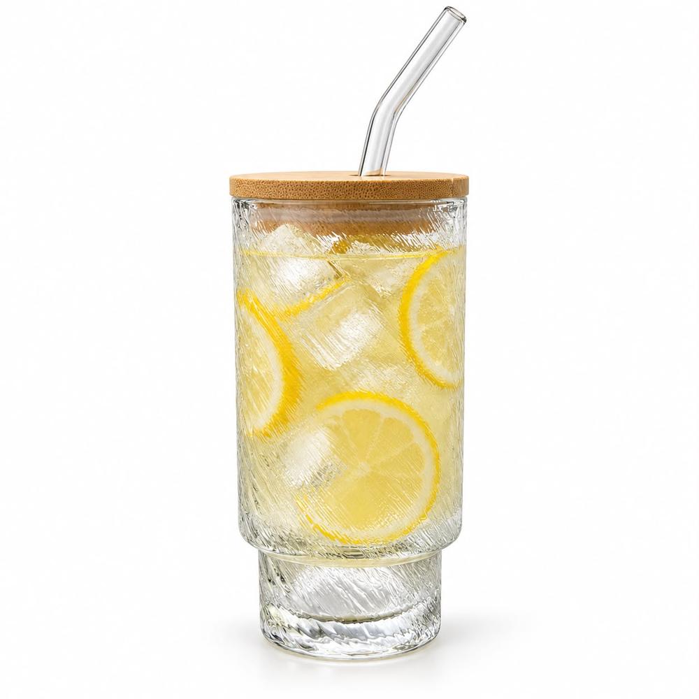 SET X 2 VASOS CON TAPA BAMBÚ Y SORBETE DE VIDRIO BOROSILICATO 320 ML