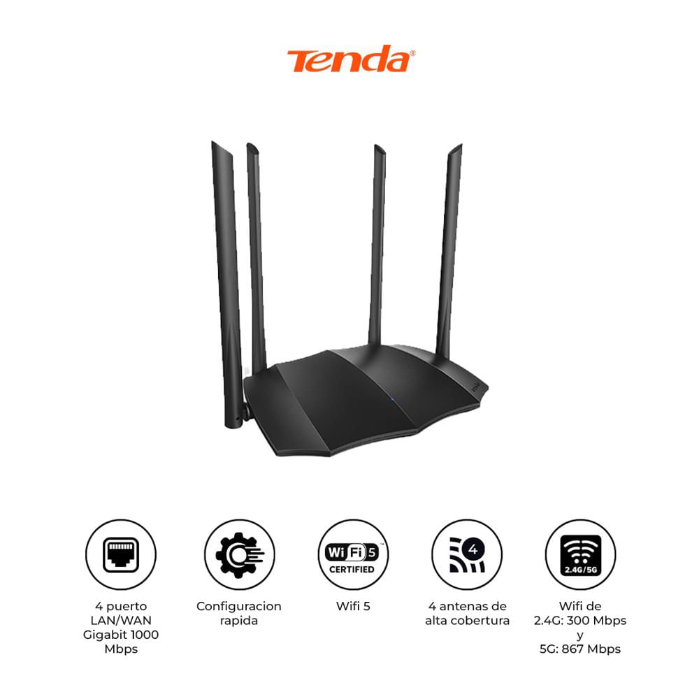 Router Inalámbrico TENDA AC8 AC1200 Doble Banda GIGABIT 4 Antenas