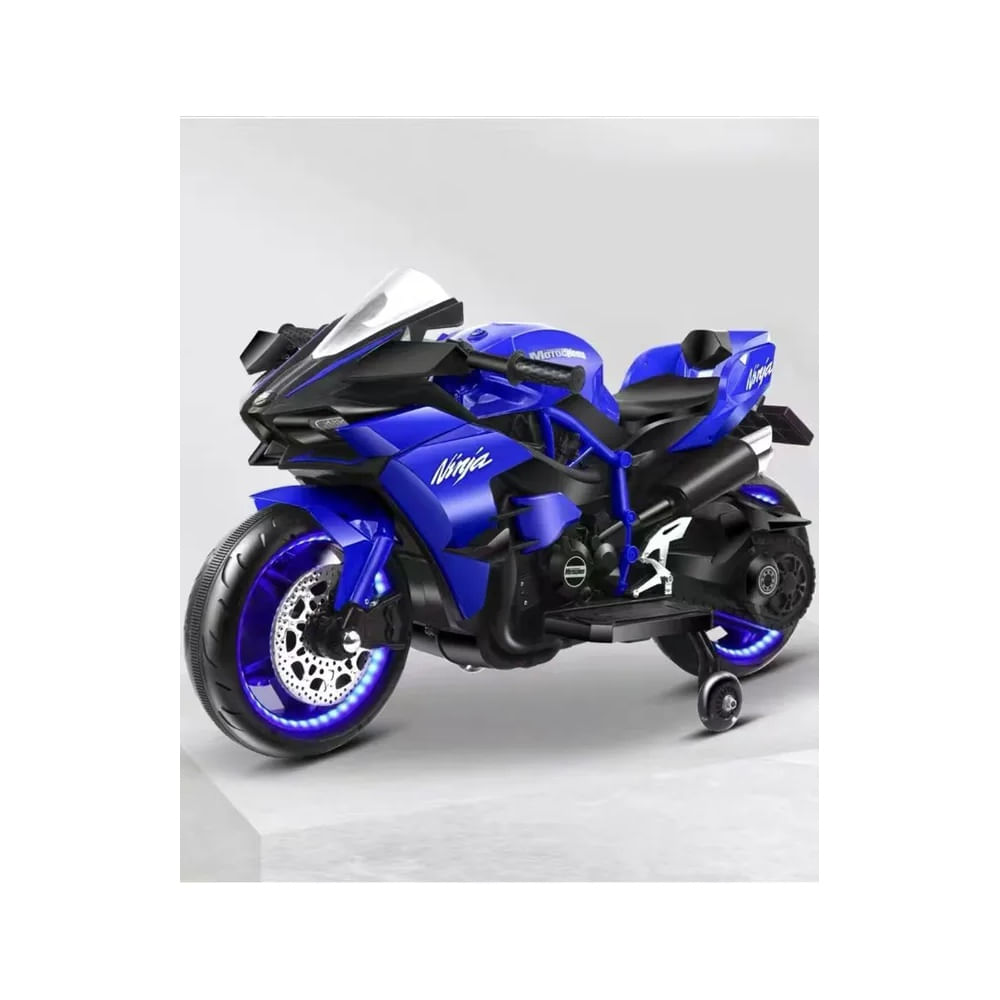 Moto Eléctrica Infantil niños Estilo Kawasaki Ninja H2 Azul con Luces LED USB 12V y Doble Motor