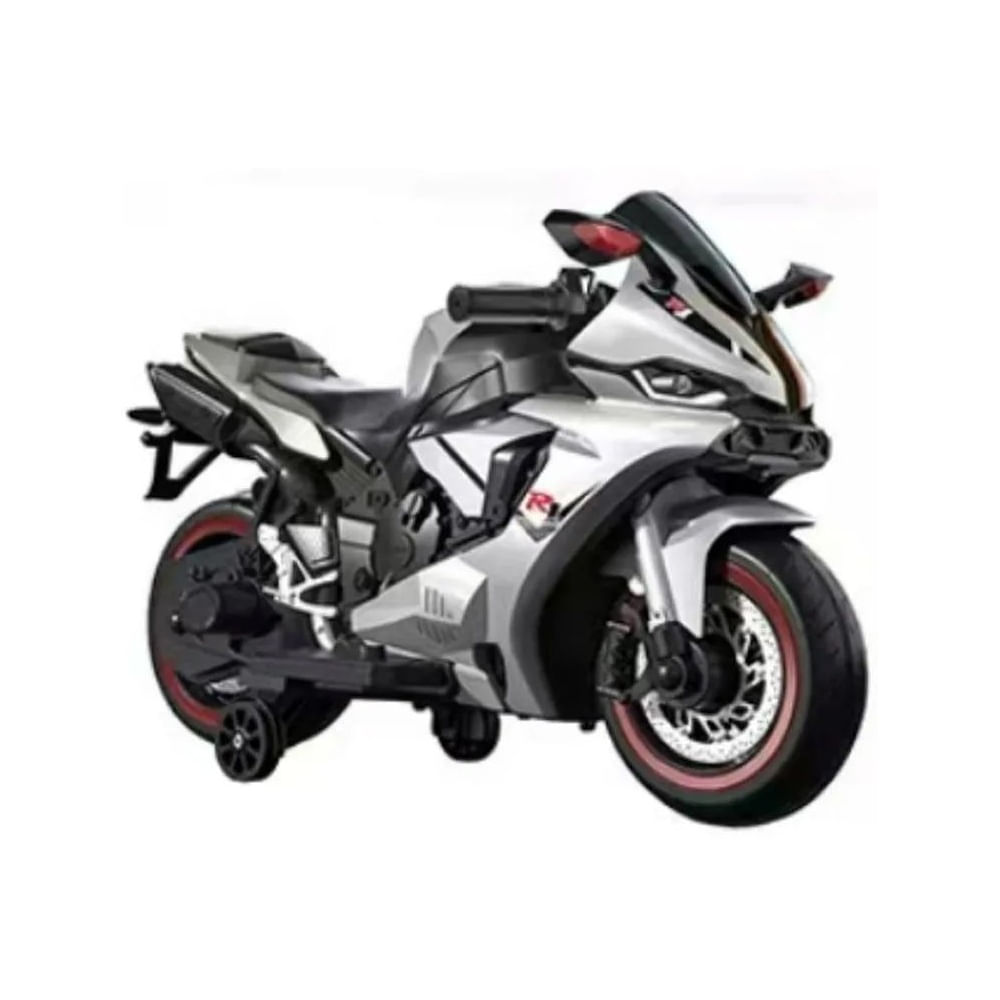 Moto Eléctrica Infantil Estilo Yamaha R1 Gris con Luces LED Faros,USB, Batería de 12V y Motor de 550