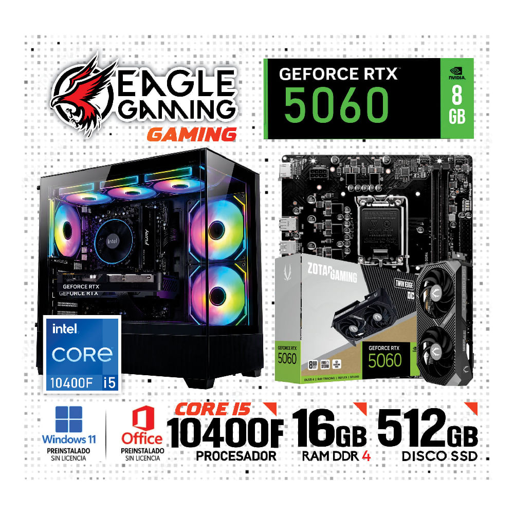 PC GAMER INTEL CORE i5 10400F 16GB DDR4 512GB  SSD NVIDIA GEFORCE RTX 5060 8GB NEGRO