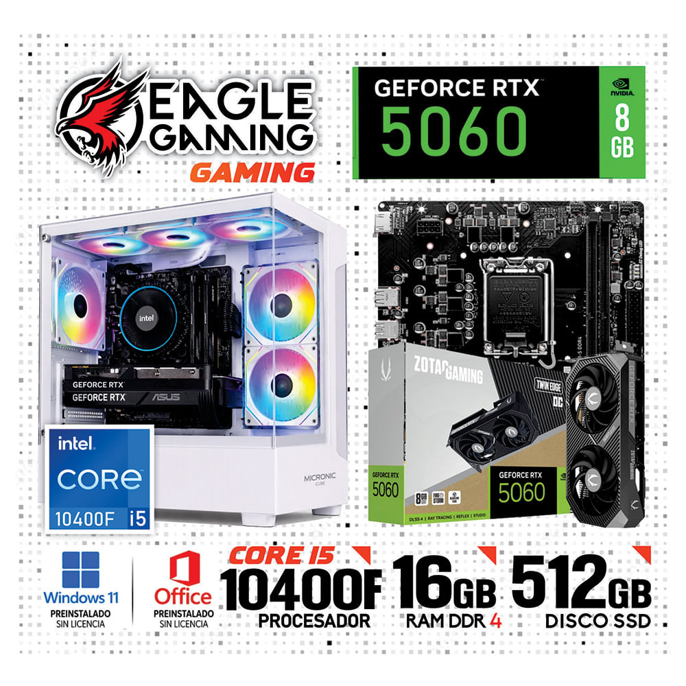 PC GAMER INTEL CORE i5 10400F 16GB DDR4 512GB  SSD NVIDIA GEFORCE RTX 5060 8GB BLANCO