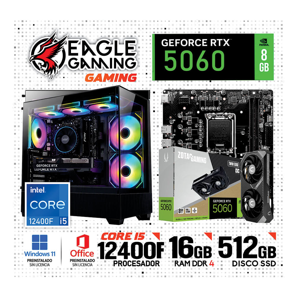 PC GAMER INTEL CORE i5 12400F 16GB DDR4 512GB  SSD NVIDIA GEFORCE RTX 5060 8GB NEGRO