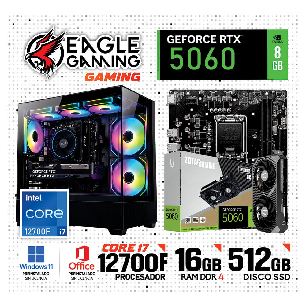 PC GAMER INTEL CORE i7 12700F 16GB DDR4 512GB  SSD NVIDIA GEFORCE RTX 5060 8GB NEGRO