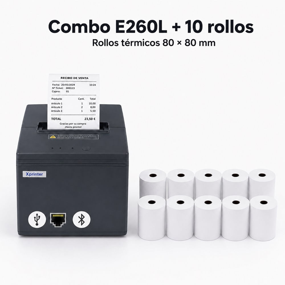 Impresora ticketera térmica tickets 80mm USB LAN Bluetooth Xprinter E260L con 10 rollos 80x80mm 55g