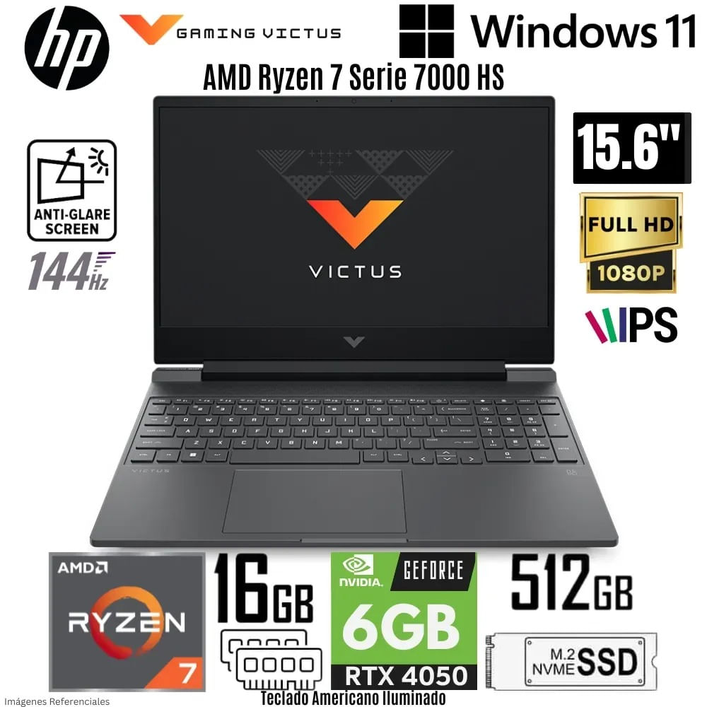 Laptop HP Victus 15-FB3093DX AMD Ryzen 7 7445HS 16GB RAM 512GB SSD RTX 4050-6GB 15.6  FHD Win 11