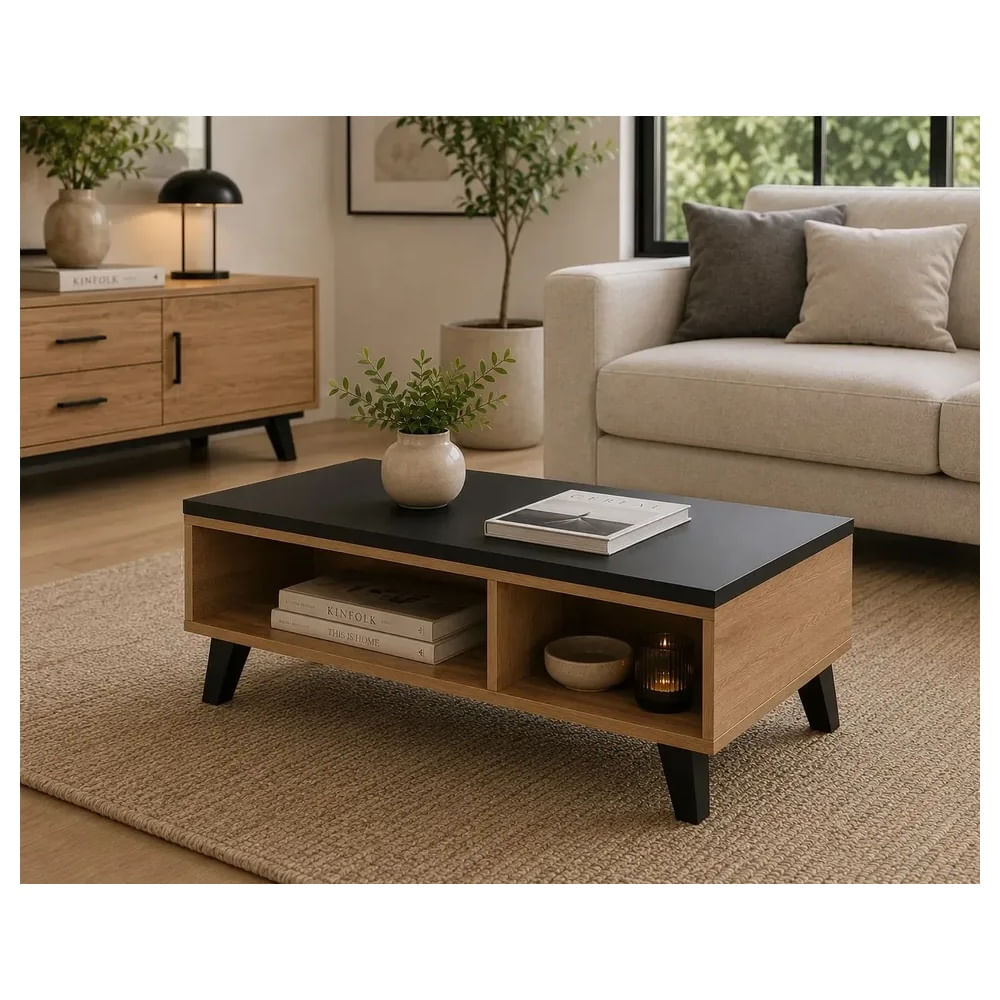 Mesa De Centro Madrid - Melamina Negro y Duna - Minimalista Moderno
