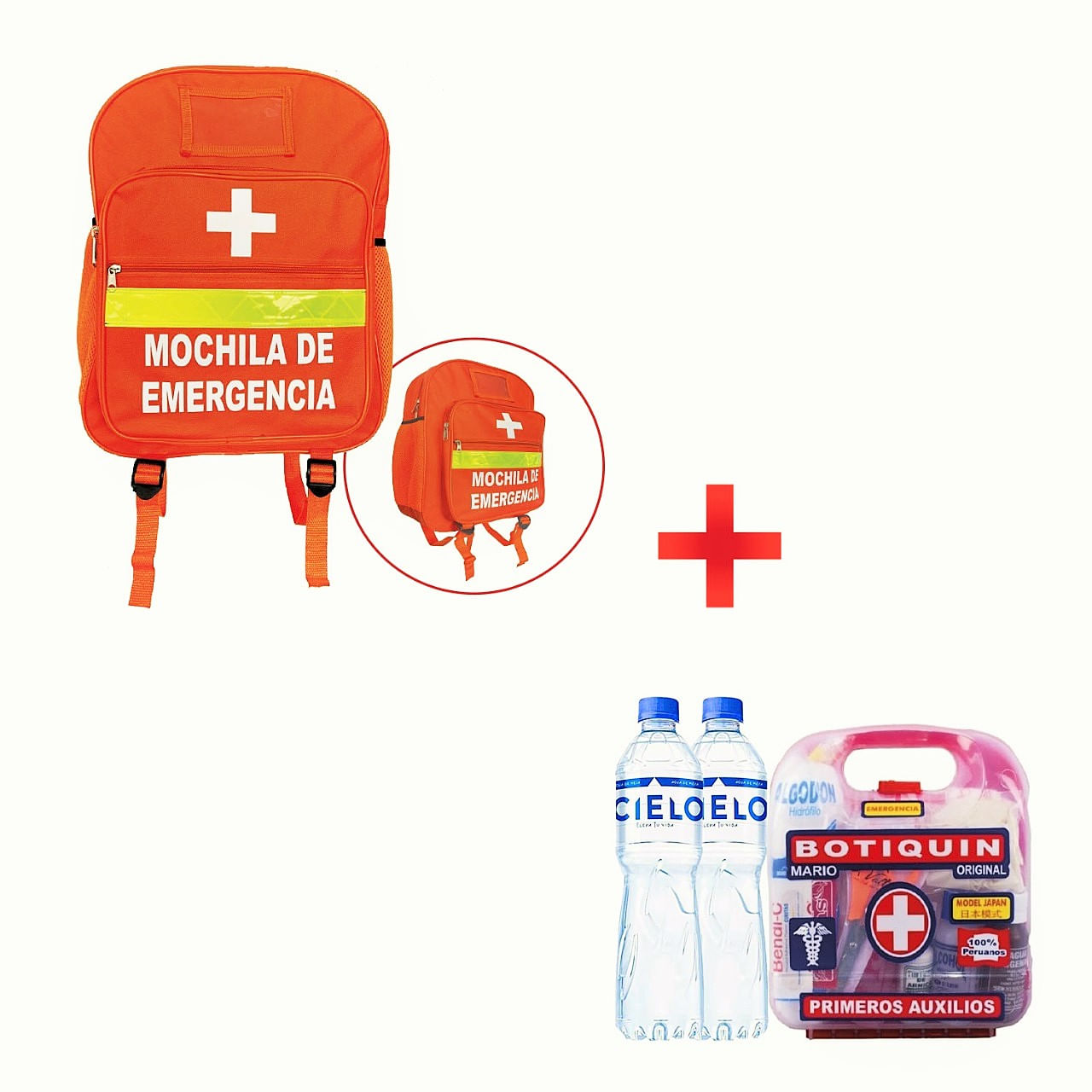 Mochila de Emergencia Naranja + Botiquín + 2 Botellas de Agua 500 ml
