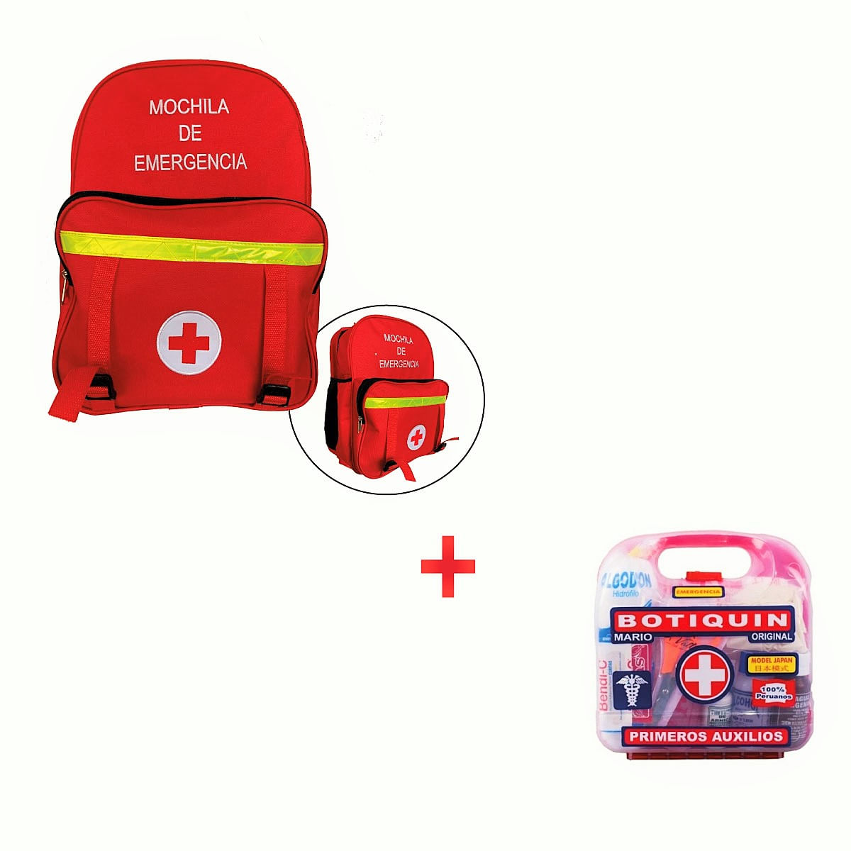 Mochila de Emergencia Roja + Botiquín + 2 Botellas de Agua 500 ml