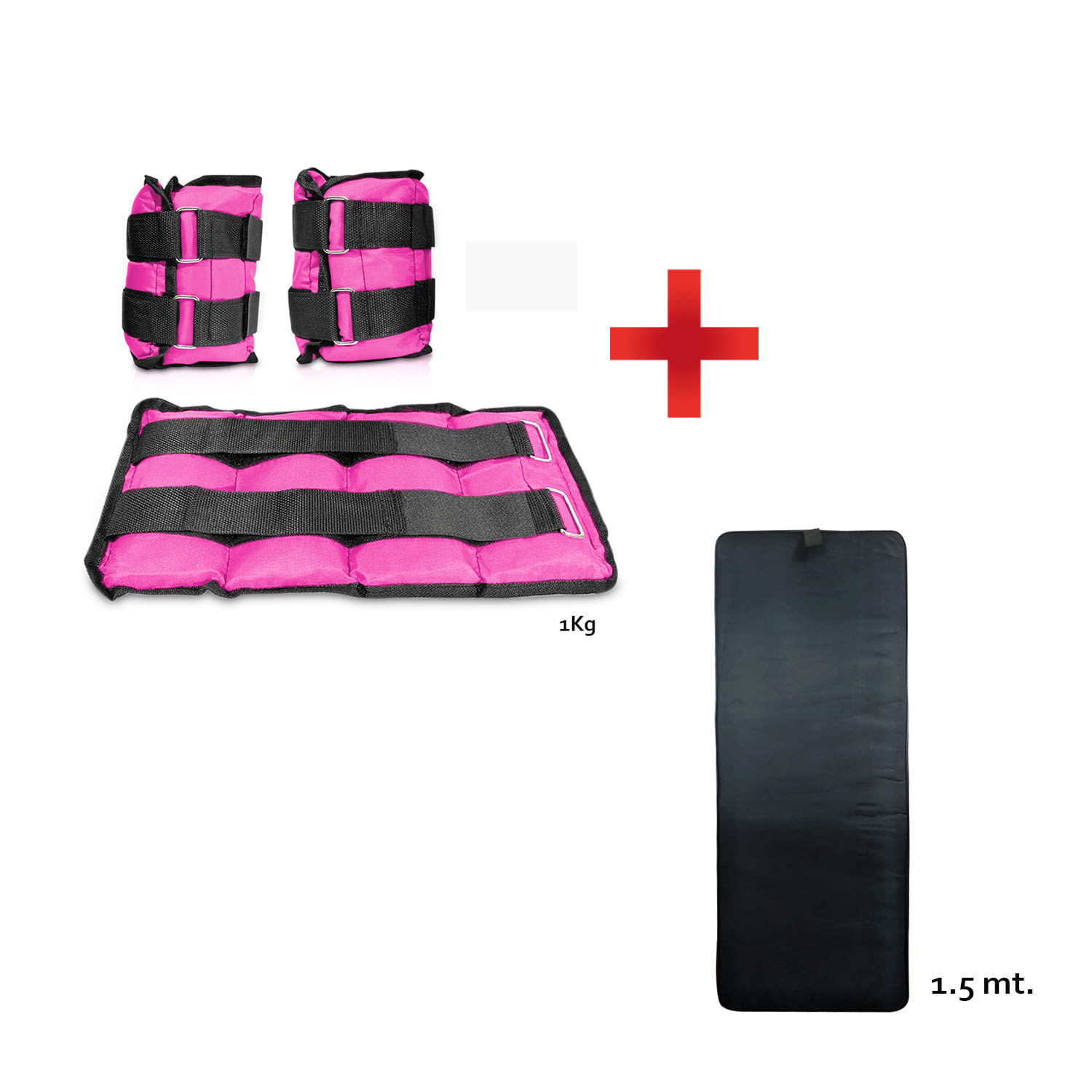 Combo Fitness Pesas Tobilleras con peso de 1 kg x 2 Und Rosadas + Colchoneta para Gimnasio de 1.5 mt