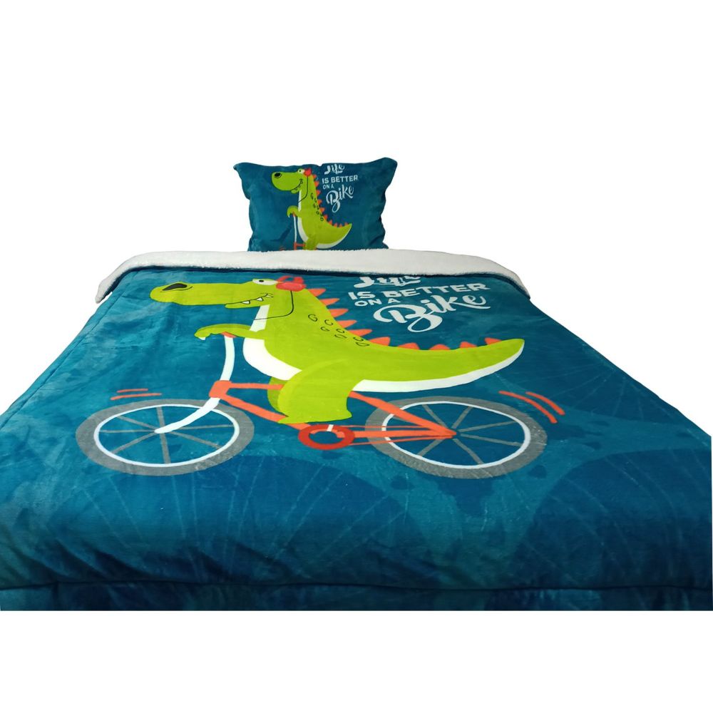 Edredón Flannel con Sherpa y 1 Funda Sham Free Home Kids Dino Bike 1.5 plz