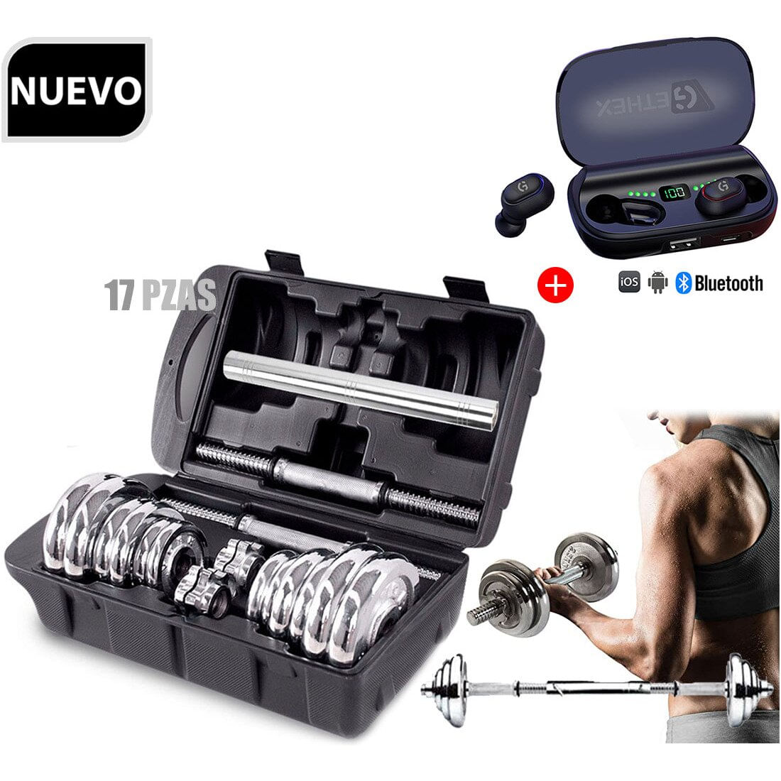 Set Sport Fitness Pesas cromadas 30KG FT-1115 Plateado