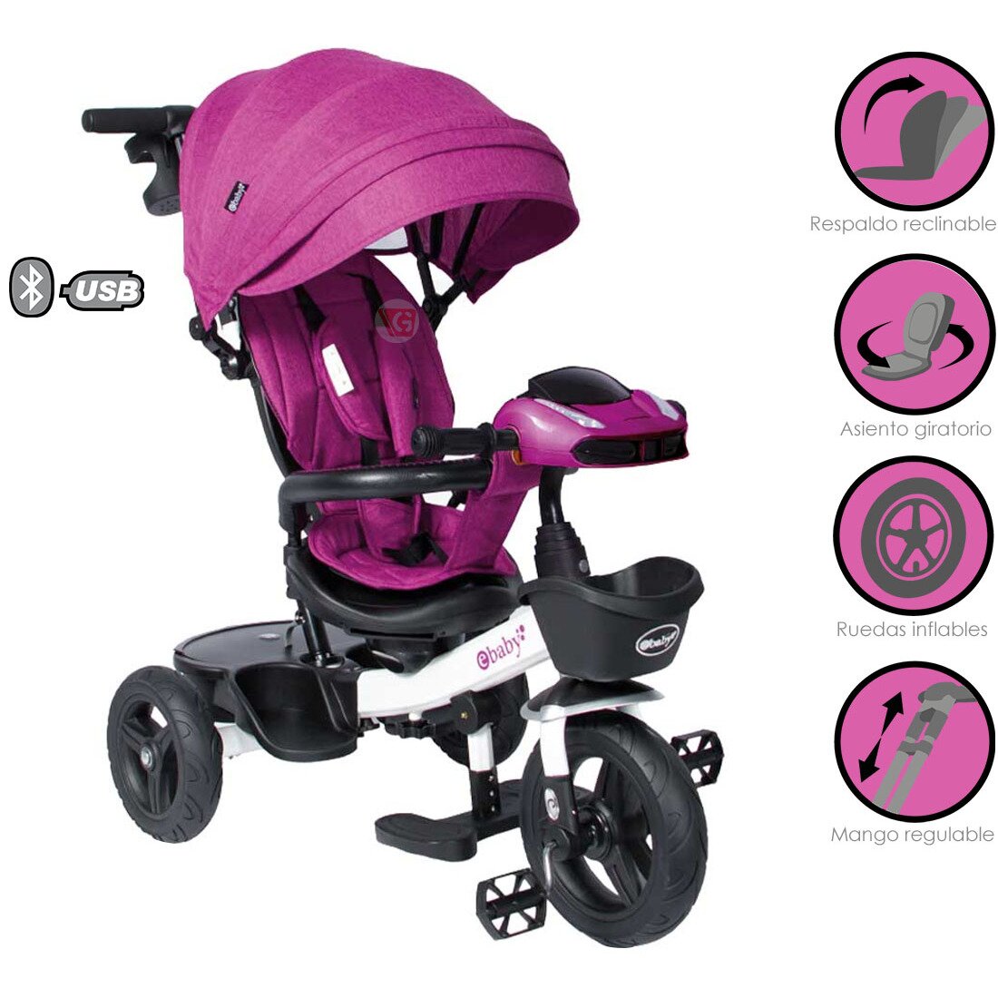 Triciclo Guiador EBABY ARIA 334 USB Bluetooth Morado