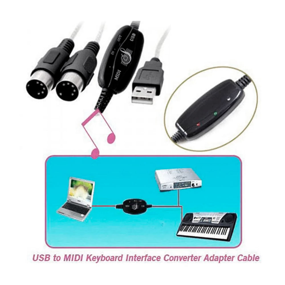 Cable Convertidor USB a MIDI Conecta Teclado Organo a PC 1.8 metros
