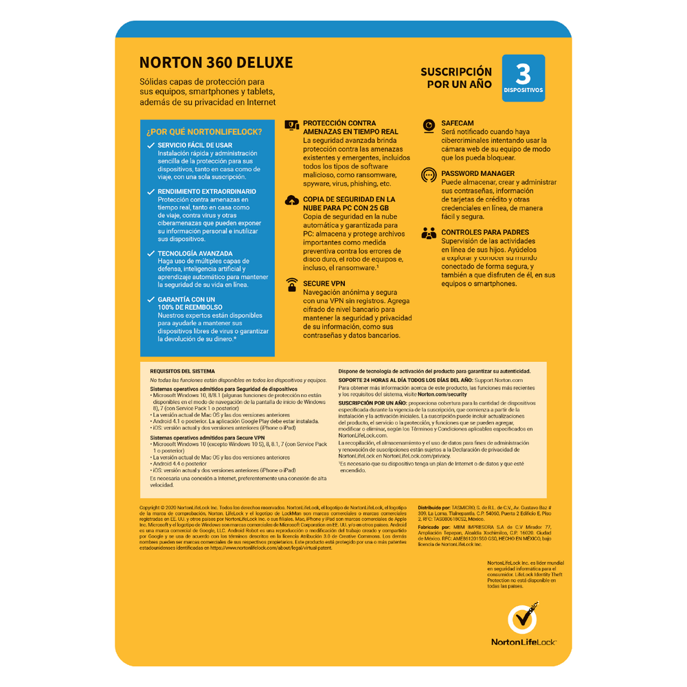 Combo Norton 360 Deluxe 25GB para 3 Dispositivos 12 Meses + Norton