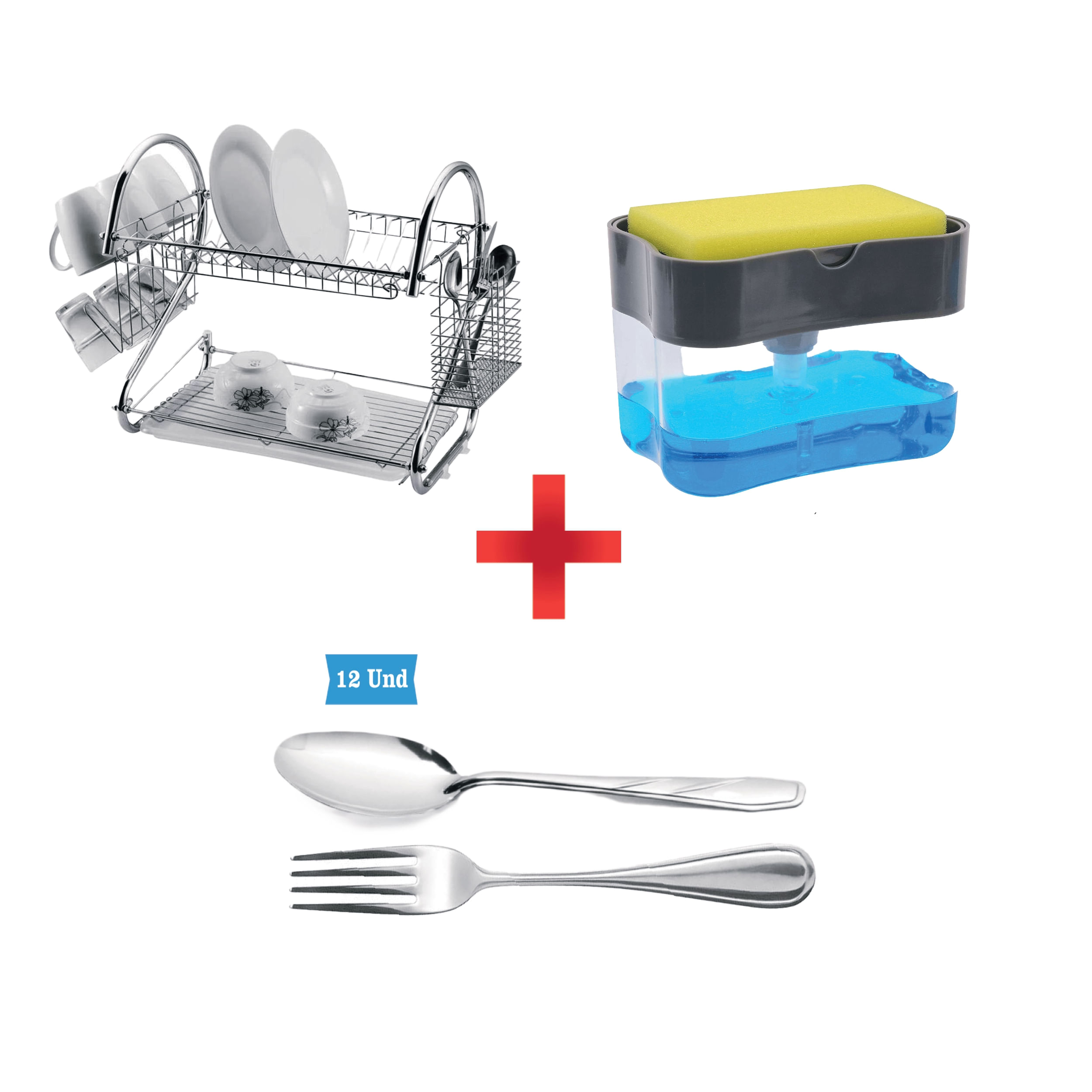 Dispensador Lavavajillas + Tenedores (12 u) + Cucharas (12 u) + Escurridor de Platos