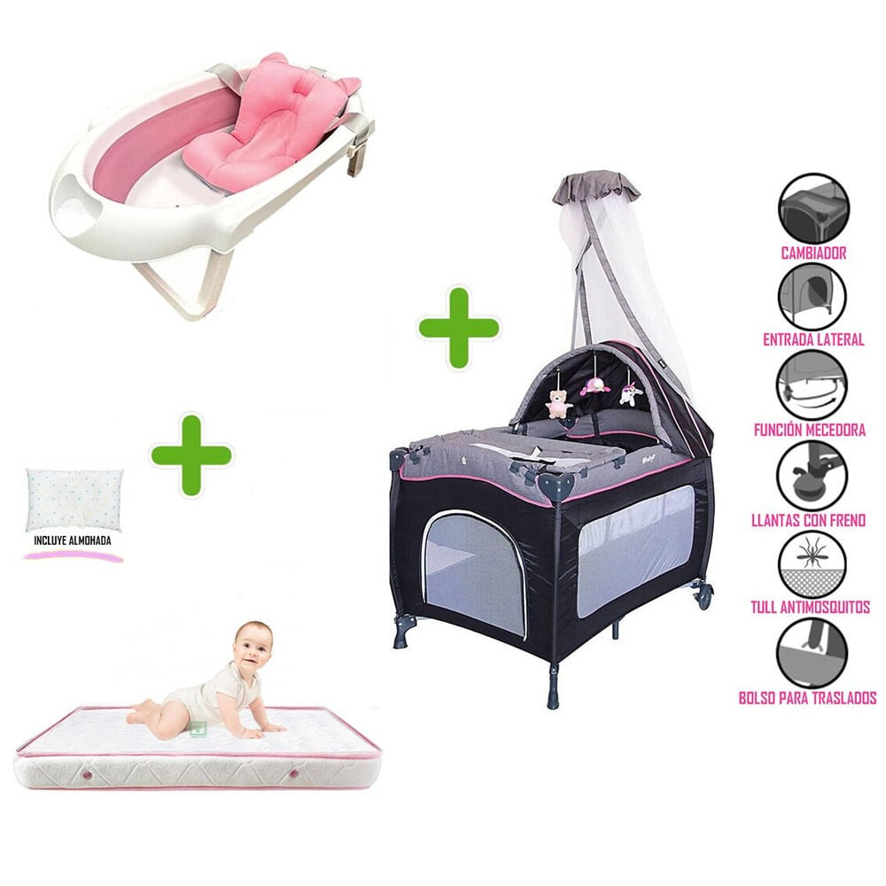 Cuna Corral Ebaby Sally 716 + Colchón de 4""+ Bañera Ebaby Rosado