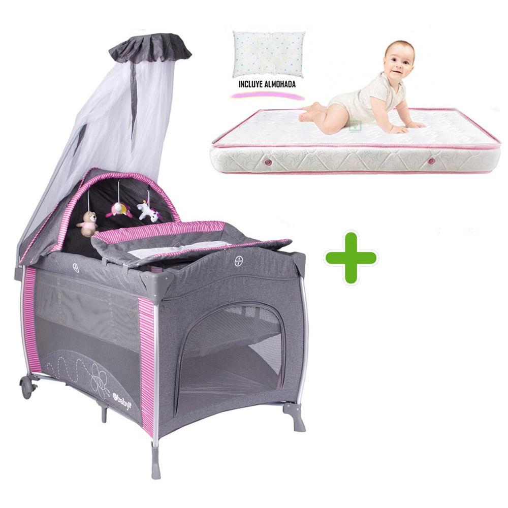 Cuna Corral Ebaby Aluminio NOA 780 Rosado + Colchón Ebaby