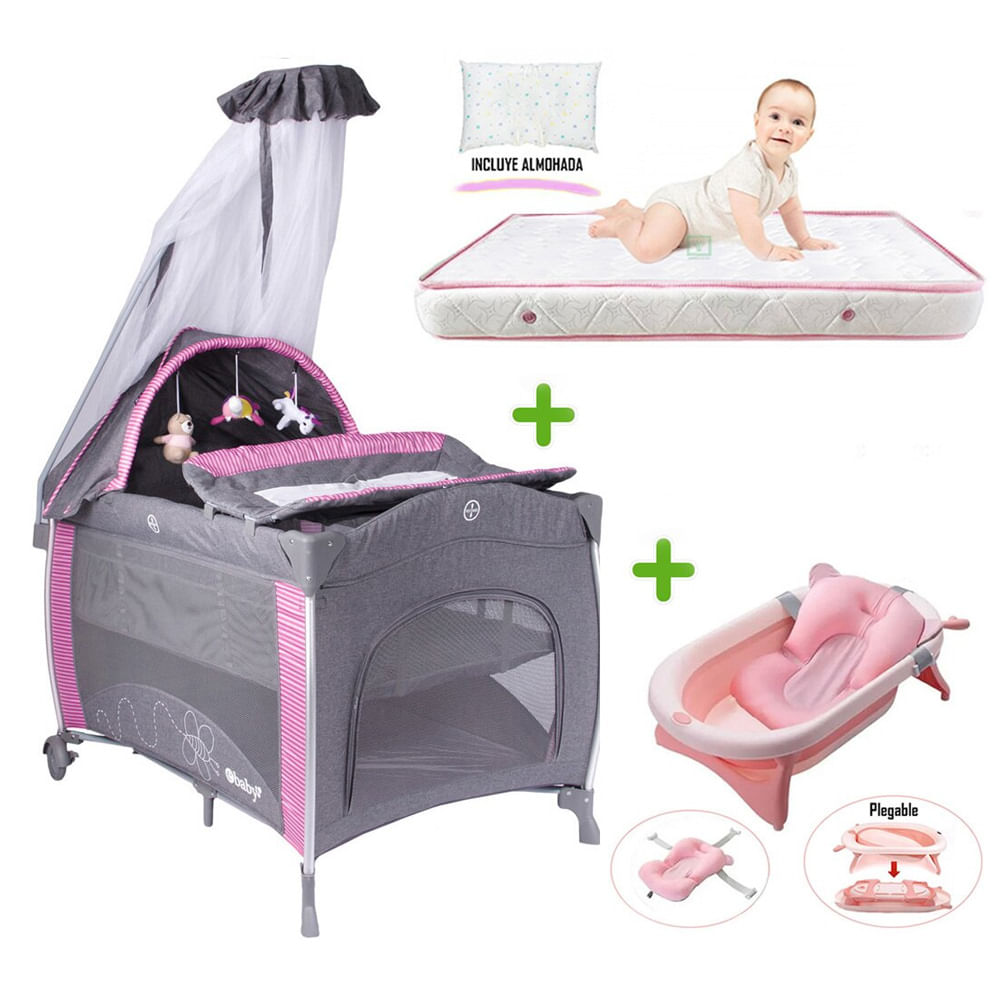 Cuna Corral NOA 780 + Colchón 4"" + Tina de Baño Ebaby Rosado