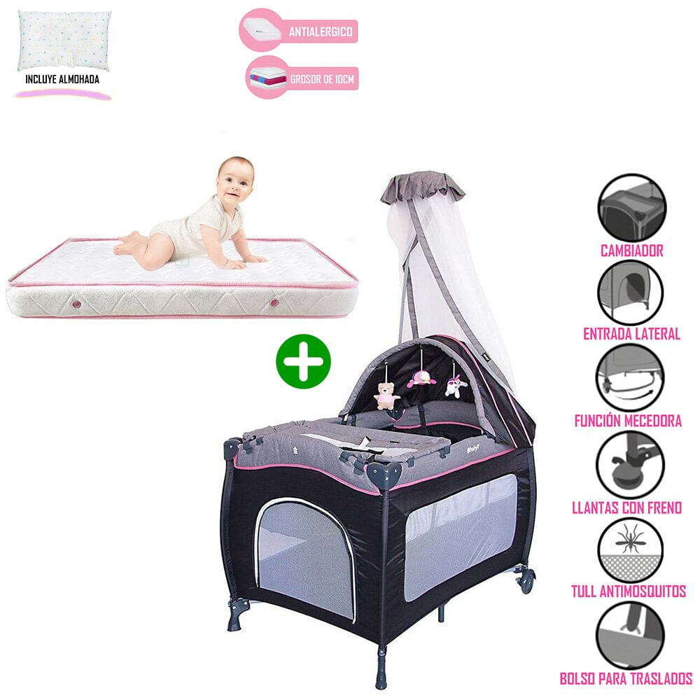 Cuna Corral Mecedora Rosado 716 + Colchón Ebaby Rosa